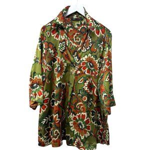 ZARA Blouse Size Medium Olive Green Floral Satin Womens Tunic Top